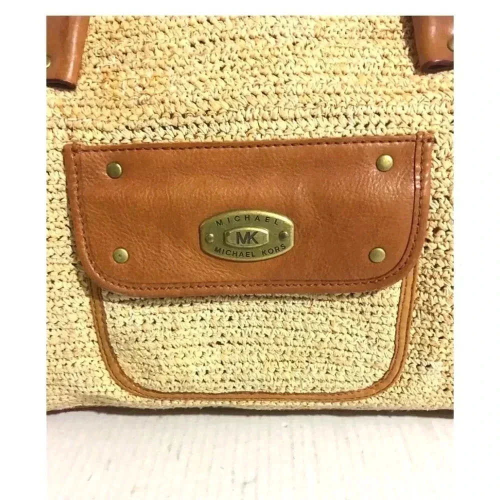Michael kors beige brown woven leather satchel handbag
